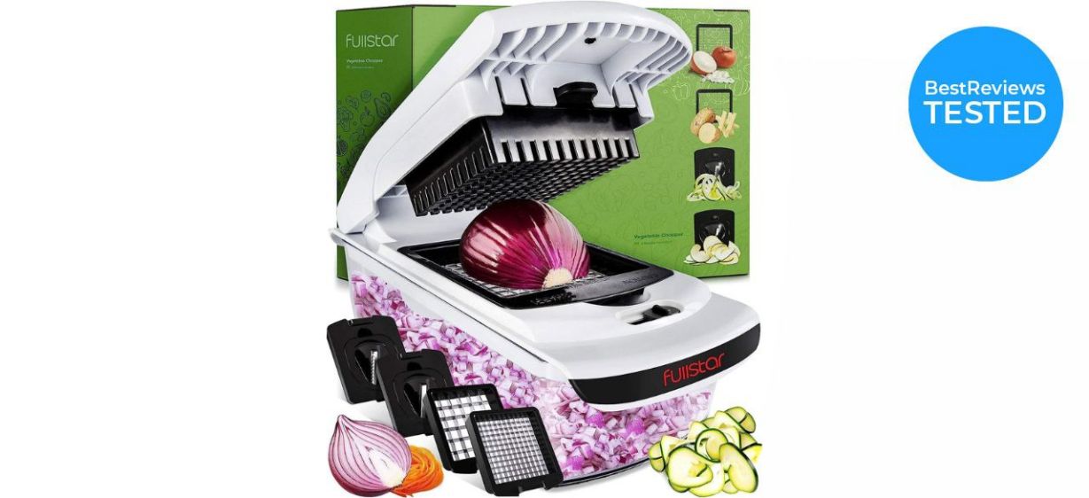 Fullstar Vegetable Chopper chopping an onion Fullstar Vegetable Chopper chopping an onion