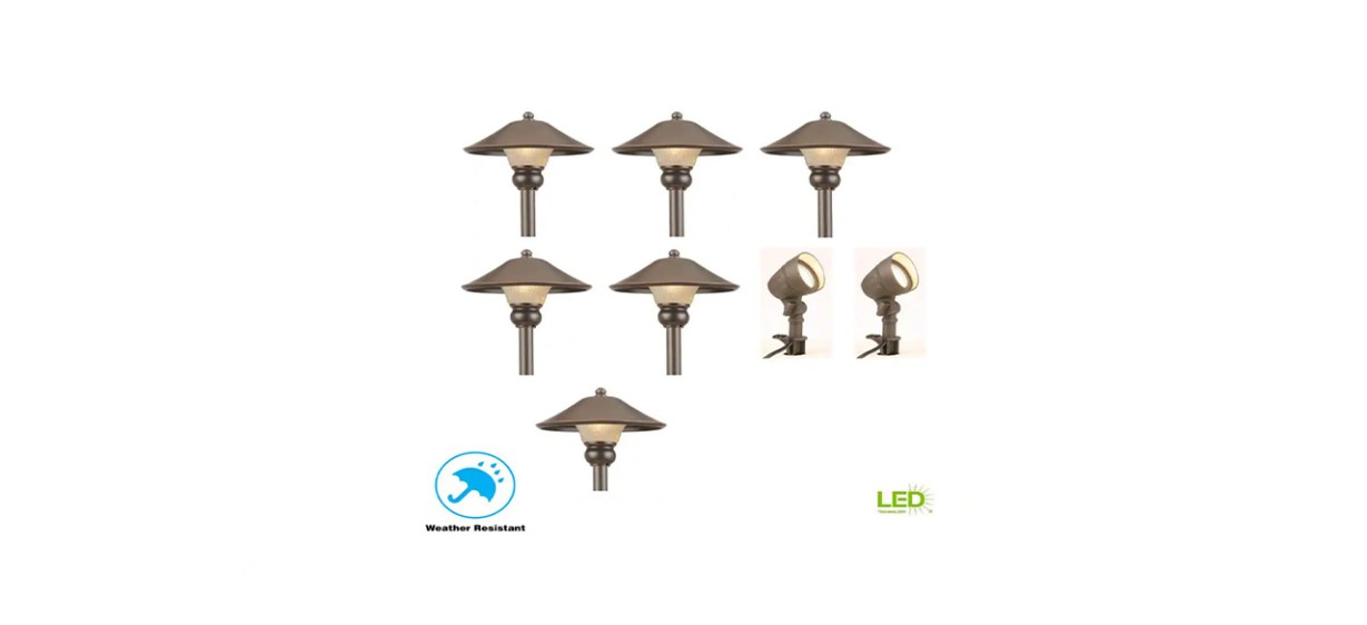 Hampton Bay Eight-Piece Low-Voltage Bronze Outdoor LED Landscape Path Light and Flood Light Kit Hampton Bay Eight-Piece Low-Voltage Bronze Outdoor LED Landscape Path Light and Flood Light Kit